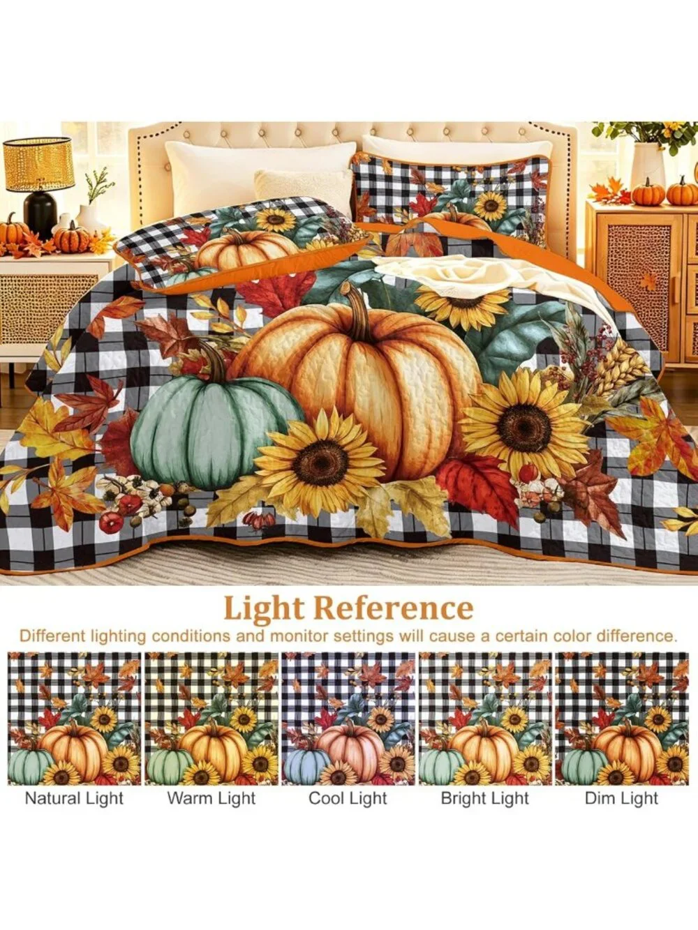 Cozy Fall Pumpkin Quilt Set Queen | Thanksgiving Bedspread for Autumn Decor